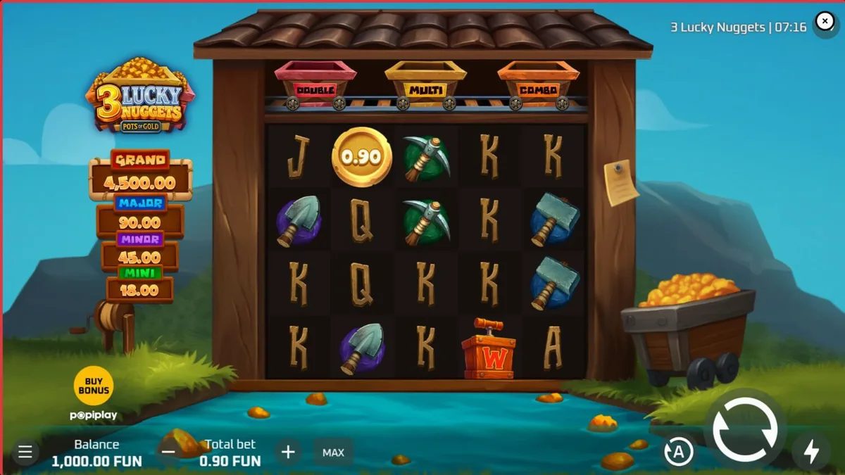 Tampilan visual slot 3 Lucky Nuggets dengan tema pertambangan emas