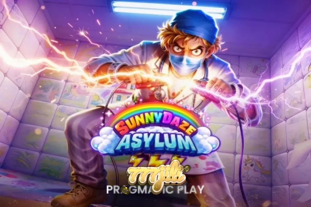Tampilan antarmuka slot Sunnydaze Asylum dengan tema neon dan grid 5x5